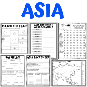 ASIA Asia continent worksheets with printable fact sheet, map, word search, word scramble, and flag activity