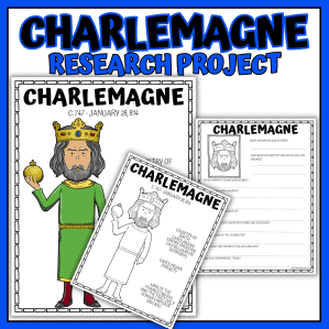 Charlemagne printable worksheet set for kids, featuring a full-color fact poster, black-and-white coloring page, and guided research worksheet.