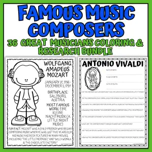 Famous music composers worksheets with 36 printable composer research pages and coloring posters for kids