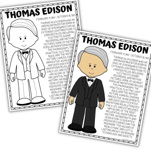 Thomas Edison coloring page with biography facts for kids
