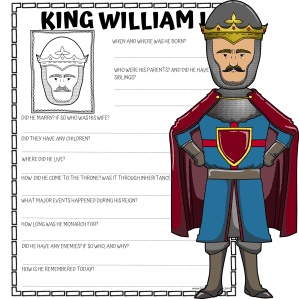 King William I research worksheet printable with questions about William the Conqueror for kids