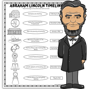 Abraham Lincoln timeline worksheet printable for kids with matching activity and important historical events