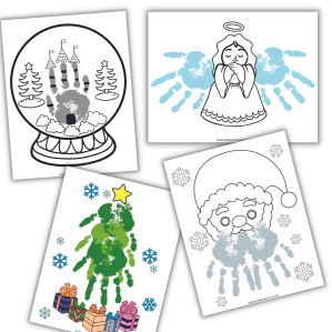 Printable Christmas handprint templates including snow globe, angel, Santa, and Christmas tree crafts