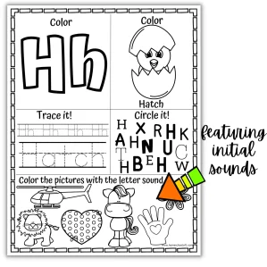 easter-alphabet-initial-sounds Letter H Easter alphabet worksheet with tracing practice, beginning sounds, and coloring activity
