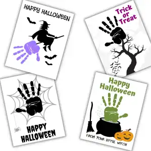 halloween handprint bundle Printable Halloween handprint cards with Happy Halloween, Trick or Treat, spiderweb, witch, and cauldron designs.