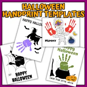 Halloween handprint templates bundle with printable Halloween handprint crafts including mummy, witch, spider, ghost, and Halloween cards.