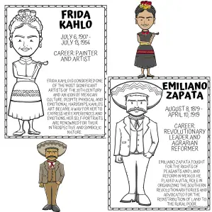 hispanic heritage coloring pages hispanic heritage month coloring pages worksheet featuring frida kahlo and emiliano zapata with biographies for kids