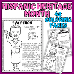 Hispanic Heritage Month coloring pages featuring famous Hispanic and Latino figures