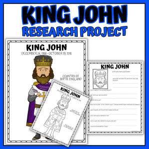 King John worksheet printable with research questions, King John coloring page, and fact poster for medieval history lessons