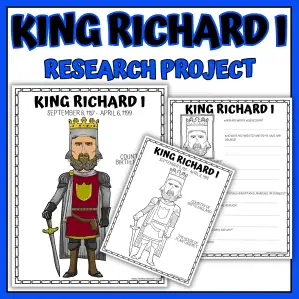 Richard the Lionheart worksheet printable with research project, biography poster, and coloring page for kids studying medieval England