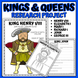 Printable Kings and Queens of England worksheets featuring 7 famous English monarchs with biography worksheets, coloring pages, fact posters, and research activities