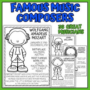 Music composer coloring pages printable featuring 36 famous composers including Mozart, Beethoven, Handel, and John Williams.