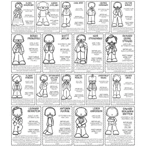 music composers unit (1) Famous composer coloring pages printable with 36 classical and modern musicians for music appreciation lessons.