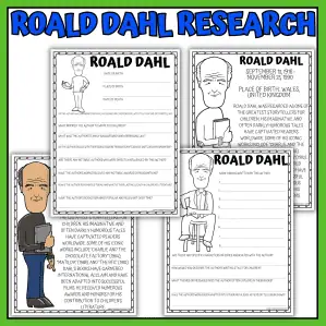 Printable Roald Dahl worksheets with biography research pages, coloring page, and classroom poster for kids