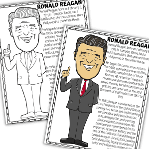 Ronald Reagan worksheet pack with research pages and biography poster