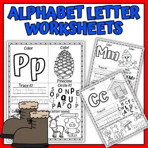 Winter alphabet worksheets printable for preschool and kindergarten with letter tracing, beginning sounds, and coloring activities