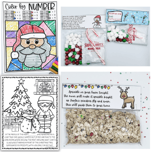 Printable Christmas worksheets including color by number, Christmas story pages, snowman soup bag topper, and reindeer food printable