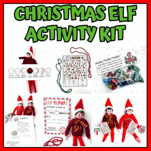 Christmas Elf Activity Kit printable set displayed with small elf dolls, behavior reports, I Spy Christmas game, moon phases chart, candy bag topper, goodbye letter, and festive props like beads and mini signs—all part of a digital holiday activity bundle for kids.