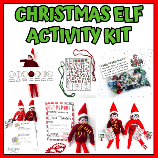 Christmas Elf Activity Kit printable set displayed with small elf dolls, behavior reports, I Spy Christmas game, moon phases chart, candy bag topper, goodbye letter, and festive props like beads and mini signs—all part of a digital holiday activity bundle for kids.