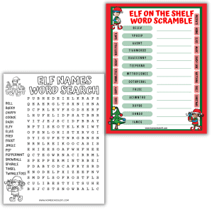 Elf on the Shelf worksheets including word search, word scramble, and printable Christmas elf activities.
