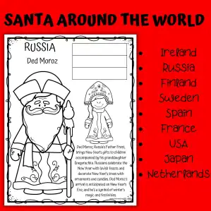 SANTAS AROUND THE WOLRD Santa Around the World printable posters and coloring pages featuring Christmas traditions in nine countries.