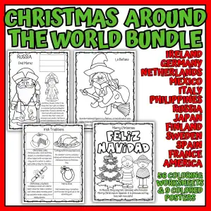 Christmas Around the World worksheets for kids with printable coloring pages, posters, and country studies.