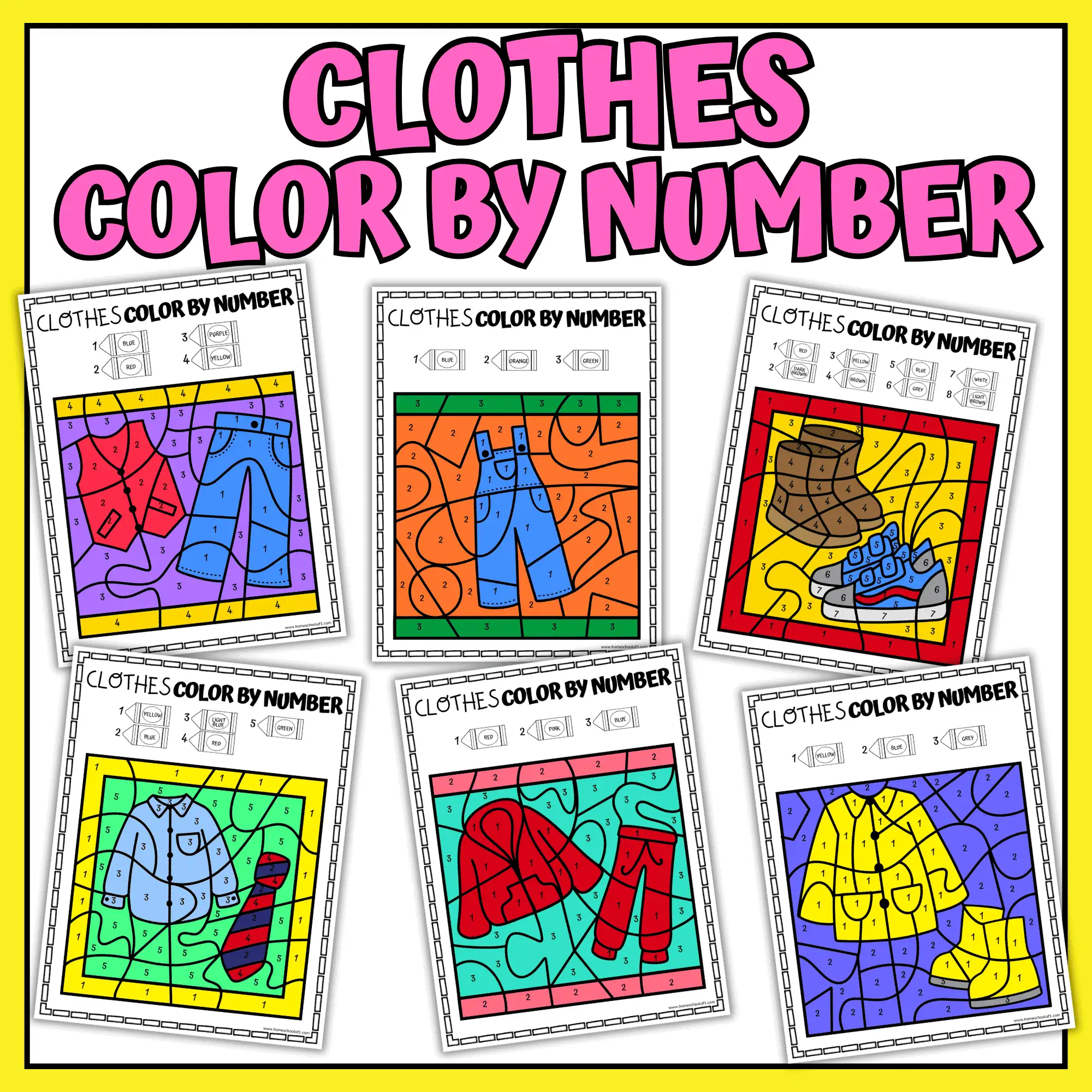 Clothes color by number worksheets for kids showing shirts, pants, boots, and jackets to color with numbers.