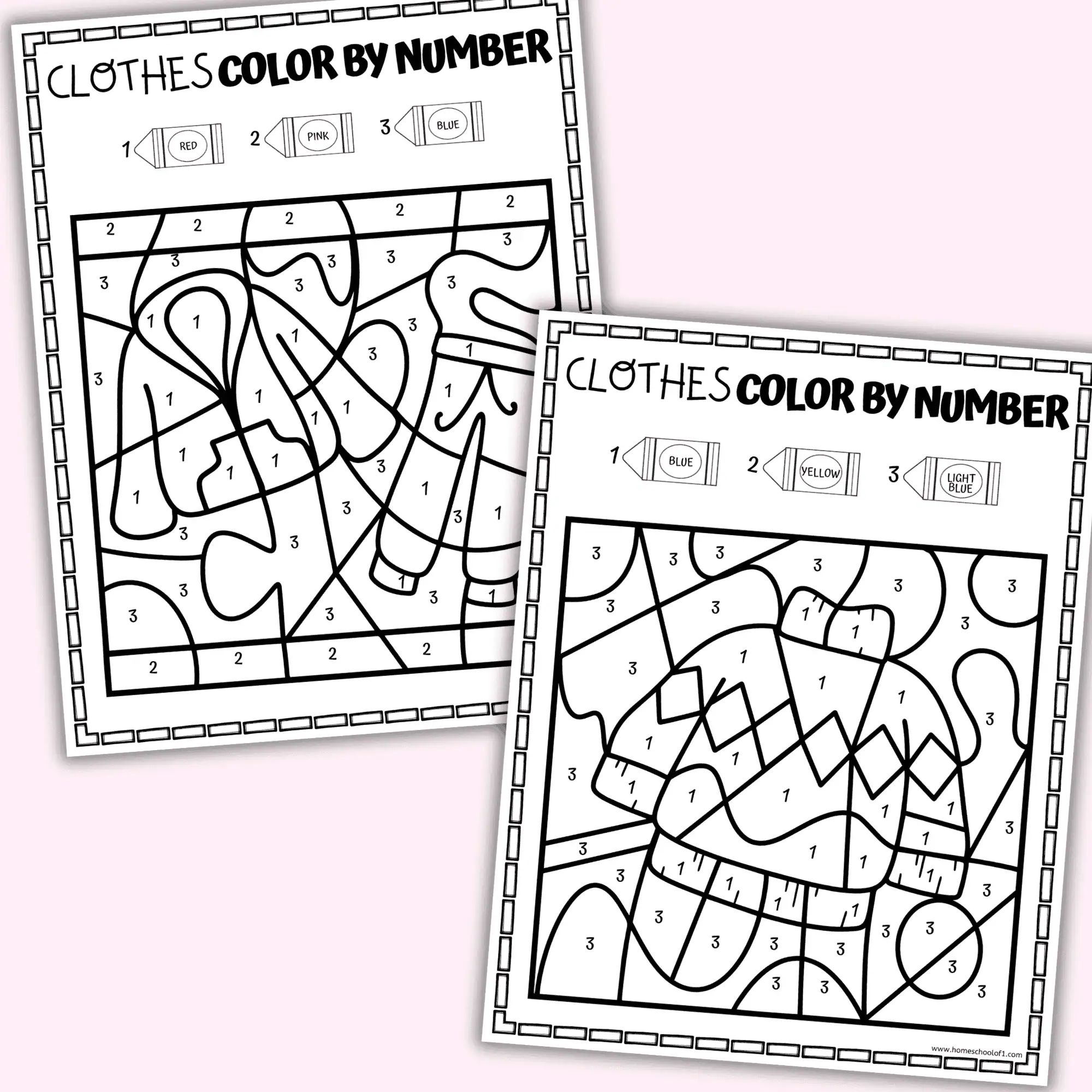 two clothes color by number pages for kids