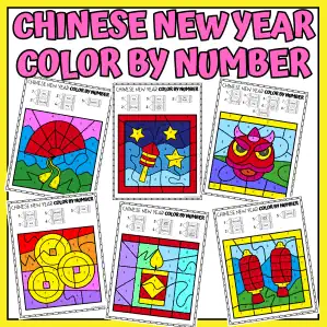 Chinese New Year color by number worksheets featuring dragons, lanterns, and fireworks