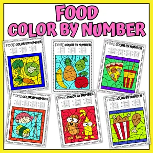 Printable food color by number worksheets with burgers, pizza, sushi, cupcakes, and fruit