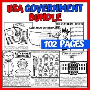 Elementary civics worksheets bundle with 102 printable U.S. government worksheets for kids covering the Constitution, Bill of Rights, Supreme Court, and Pledge of Allegiance