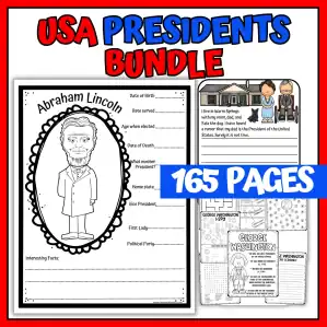U.S. Presidents unit study bundle with president research worksheets, coloring pages, timelines, writing prompts, memory games, and activities