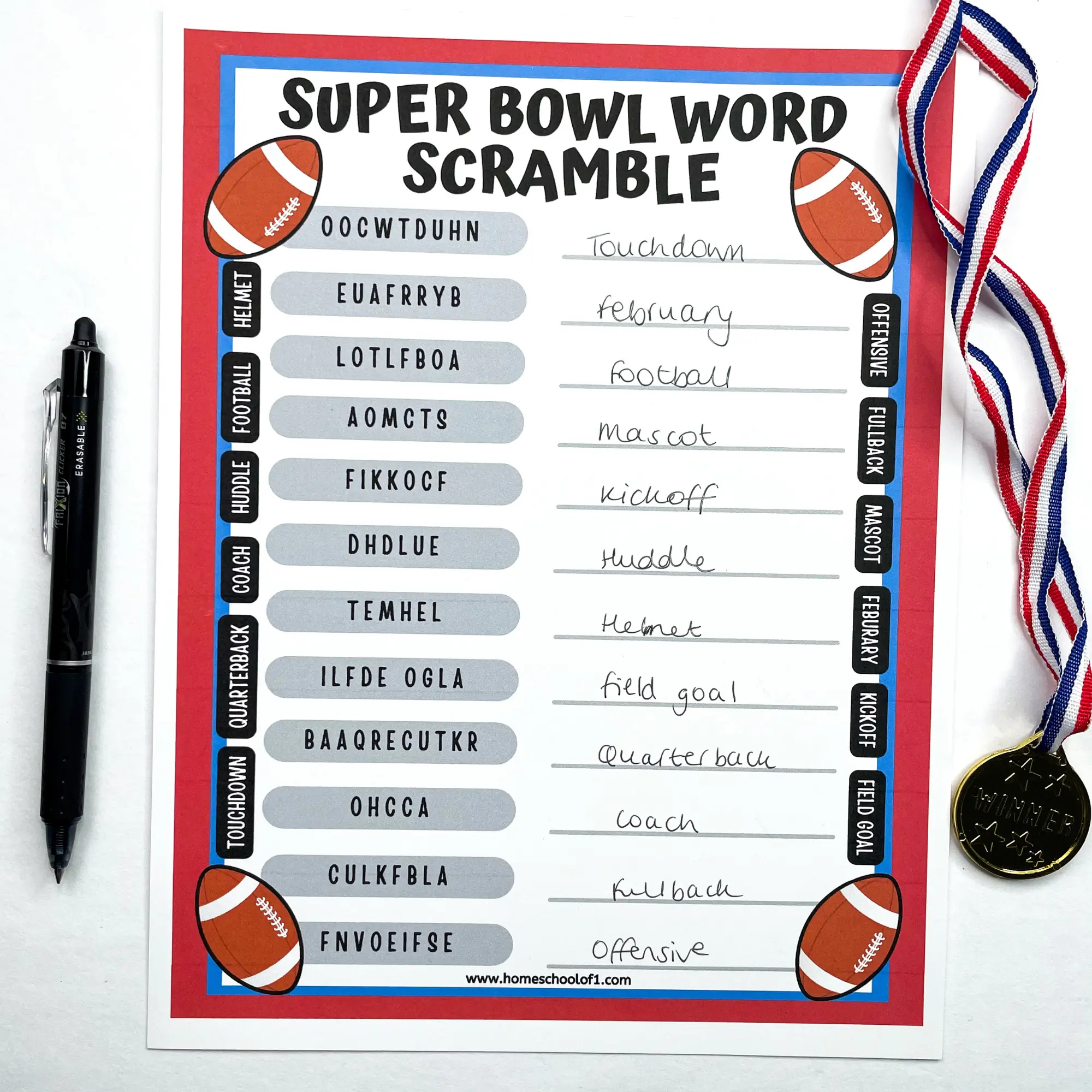 Super Bowl word scramble printable