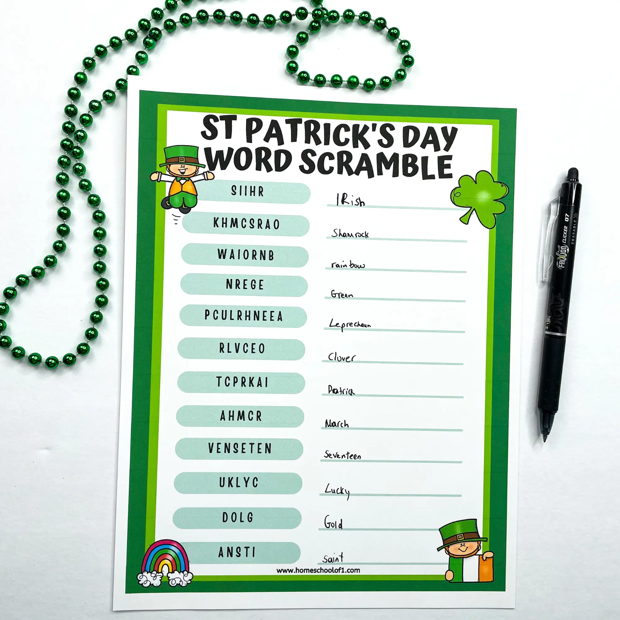 St Patrick's Day word scramble printable