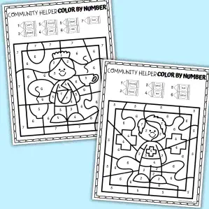 Labor Day color by number printables Printable community helpers color by number worksheets with doctors, nurses, firefighters, and teachers