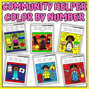 Community helpers color by number printables featuring firefighter, doctor, teacher, police officer, and painter