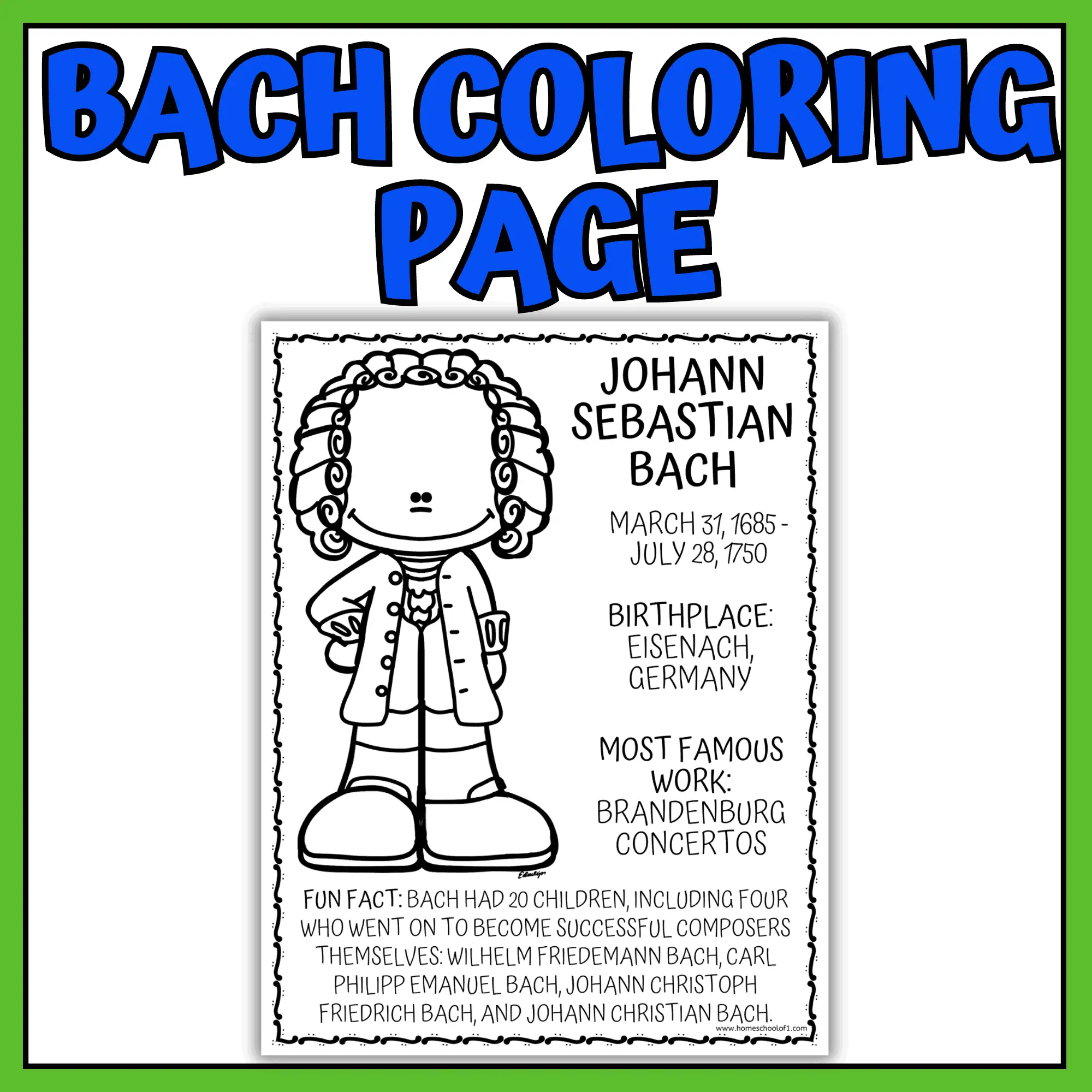 Johann Sebastian Bach coloring page printable with fun facts for kids