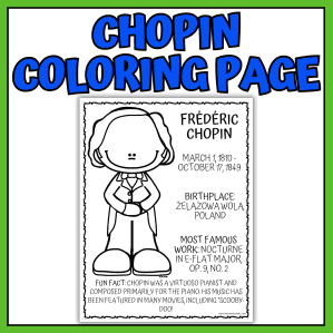 Frédéric Chopin coloring page for kids with composer portrait and biography facts