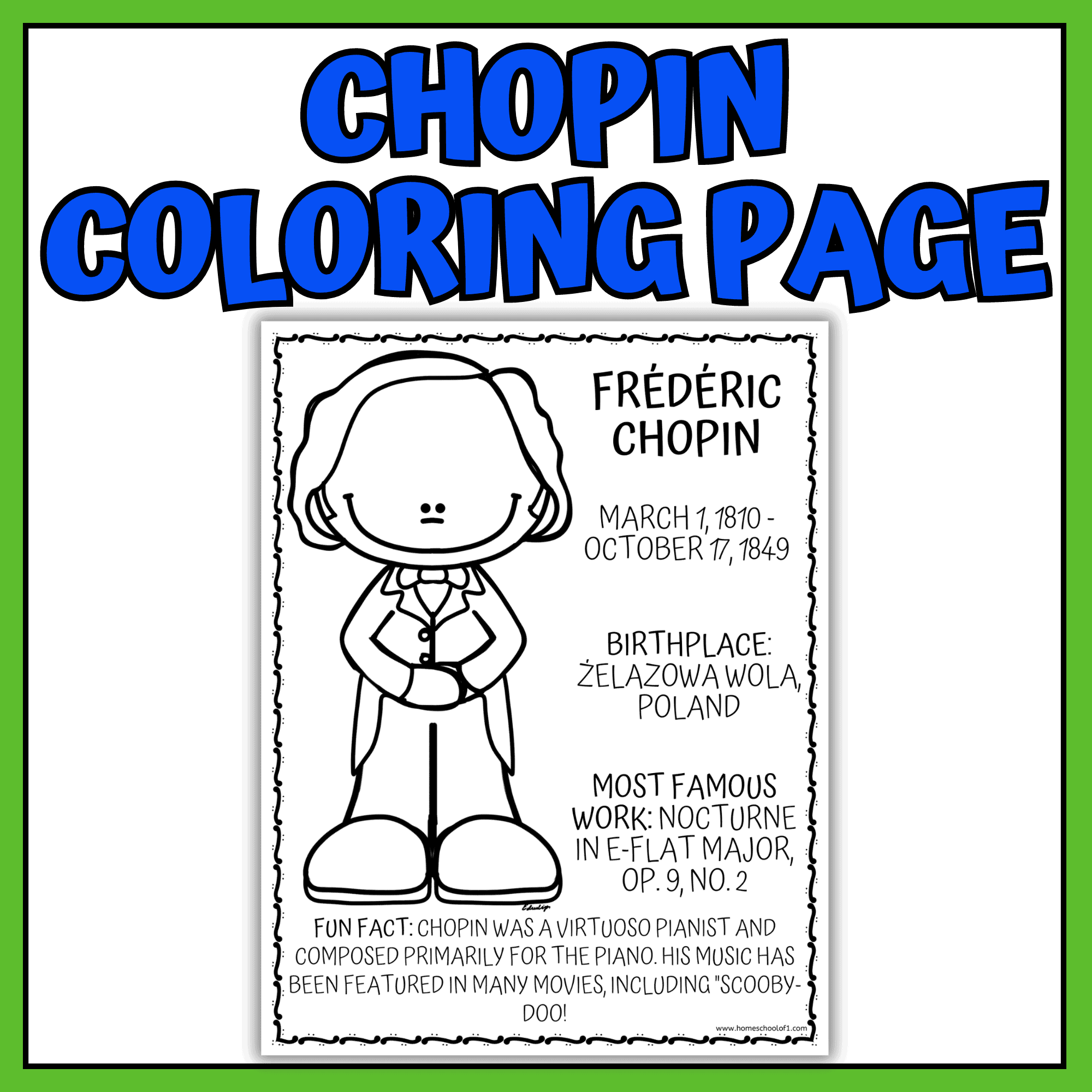 Frédéric Chopin coloring page for kids with composer portrait and biography facts