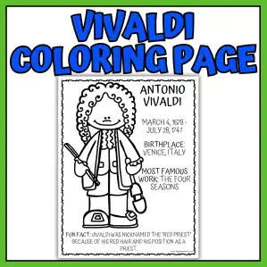 Antonio Vivaldi coloring page with fun facts and portrait