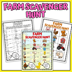 Promotional graphic for a 'Farm Scavenger Hunt' activity featuring three different worksheets. The main sheet in color highlights cartoon farm elements like animals and a tractor, with the question 'Did you see any of the animals being fed?' The black and white versions show line art for coloring and searching, with a prompt asking 'Can you hear a rooster crowing?' Designed for children's educational entertainment.