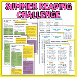 Image with a title "Summer Reading Challenge" showcasing multiple reading challenges and bingo cards for different school levels, including High School, Middle School, Elementary School, and Early Childhood. The reading challenges are color-coded and offer various activities to encourage summer reading, while the bingo cards feature tasks such as "Read a book" to track progress.