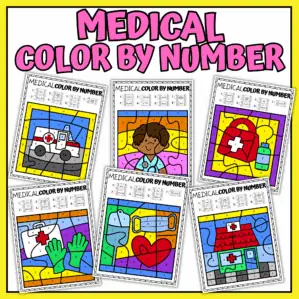 Printable medical color by number worksheets featuring doctors, nurses, hospitals, ambulances, and healthcare scenes