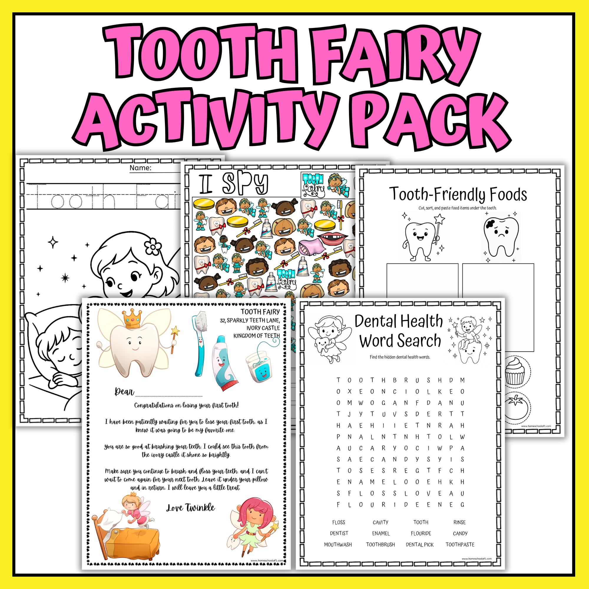 Tooth Fairy Activity Pack cover collage showing various pages inside the pack, including coloring sheets, an "I Spy" game, a Tooth-Friendly Foods sorting worksheet, a Dental Health Word Search, and a printable letter from the Tooth Fairy.