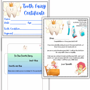 Colorful printable Tooth Fairy letters and certificates, including a Tooth Fairy Certificate with name, age, and payment sections, and a friendly letter from “Twinkle” the Tooth Fairy with cute illustrations of dental products and fairies.