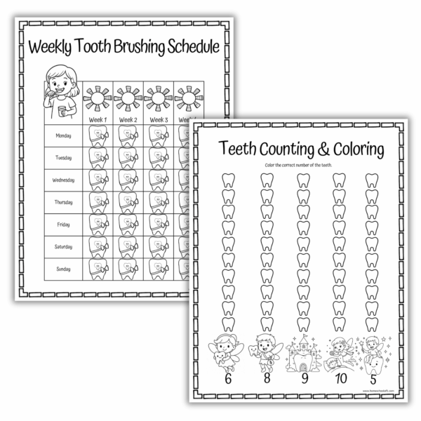 Printable dental health worksheets for kids, including a Weekly Tooth Brushing Schedule with daily tracking and a Teeth Counting & Coloring page where children color the correct number of teeth.