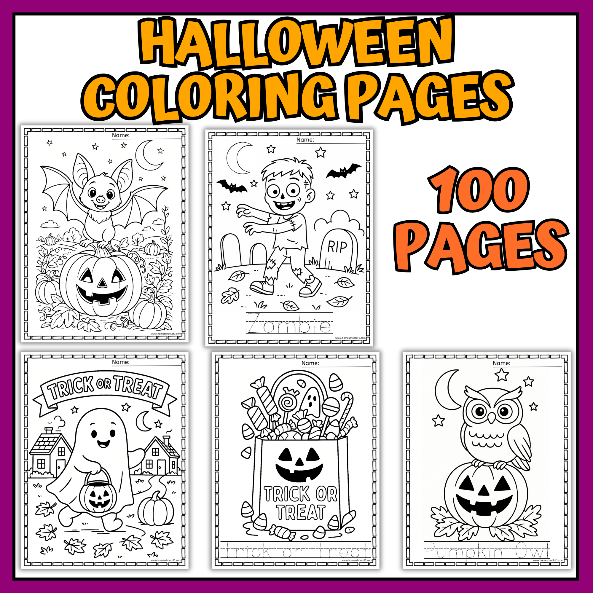 Preview of Halloween coloring pages bundle featuring 5 black and white illustrated sheets with cute Halloween characters like a bat on a pumpkin, zombie, trick-or-treating ghost, candy bag, and owl on a jack-o'-lantern. Text reads 'Halloween Coloring Pages – 100 Pages' in bold orange and black lettering.