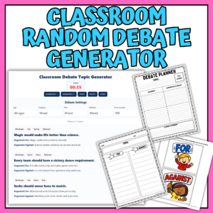 Classroom random debate generator activity pack with printable worksheets and for/against paddles