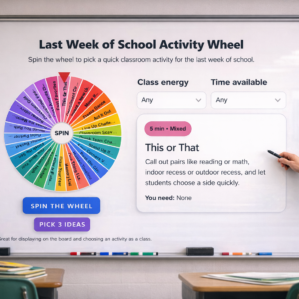 Last week of school activity wheel displayed on classroom whiteboard for quick whole class ideas