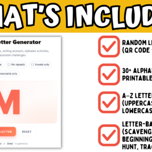 Random letter generator with 30+ alphabet worksheets including tracing, scavenger hunt, and phonics activities